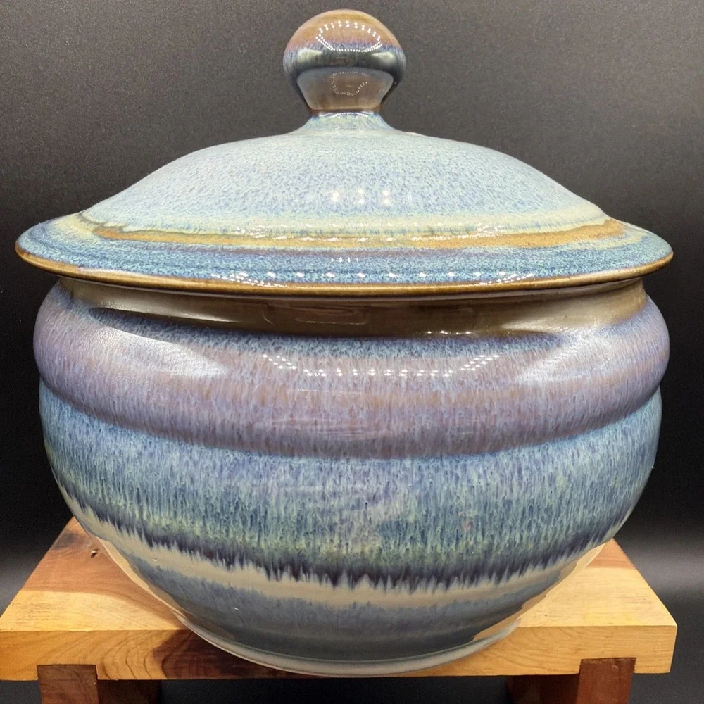 Vintage Studio Art Pottery Casserole Dish Lidded Stoneware Handcrafted Signed